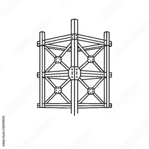 An architectural illustration showcases a detailed structural framework, featuring intricate geometric patterns and sturdy support beams, ideal for design concepts.