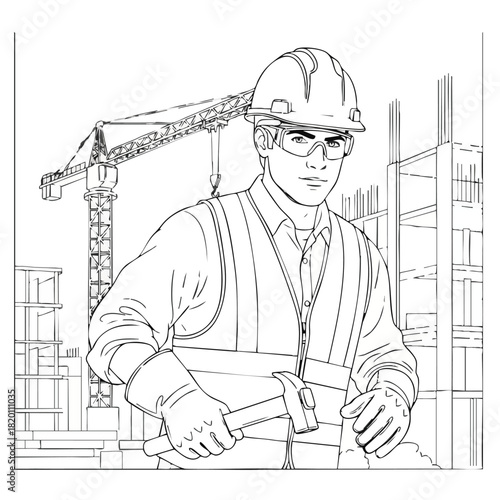 A construction worker wearing safety gear, holding a hammer, stands confidently at a building site with a crane in the background.