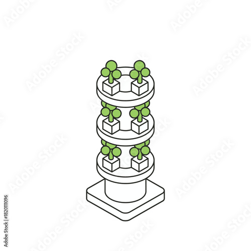 An Isometric Illustration of a Vertical Hydroponic Garden Tower with Lush Green Plants Growing in Layers