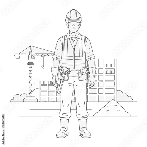 A construction worker stands confidently in front of a building site, wearing safety gear and ready for work on the project.