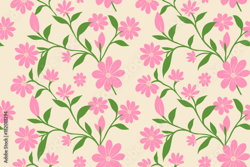 A bright floral pattern featuring pink blossoms and green leaves on a soft beige background, creating a fresh, cheerful, and feminine botanical design.