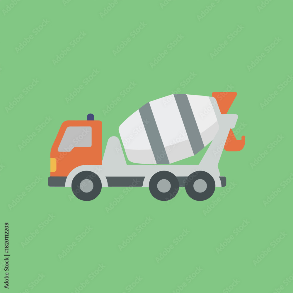Fototapeta premium A cartoon illustration of a cement truck in orange and grey, with a large mixer on the back, set against a light green background.