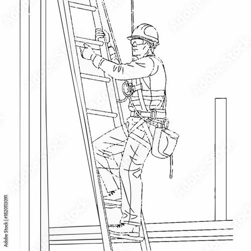 A construction worker wearing safety gear ascends a ladder, emphasizing workplace safety and the importance of protective equipment during construction.