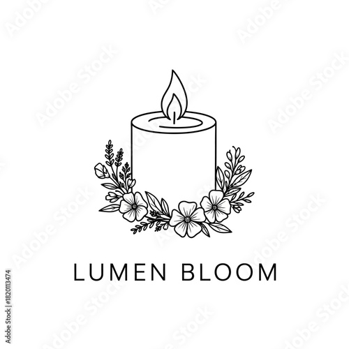 Elegant Candle with Floral Wreath Logo Design.