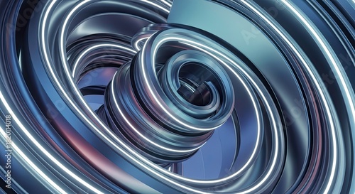 Fototapeta Naklejka Na Ścianę i Meble -  Abstract spiral tunnel made of metallic, glowing blue and silver concentric rings creating a futuristic vortex