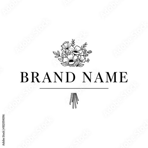 Elegant floral logo design with brand name and minimalist illustration.