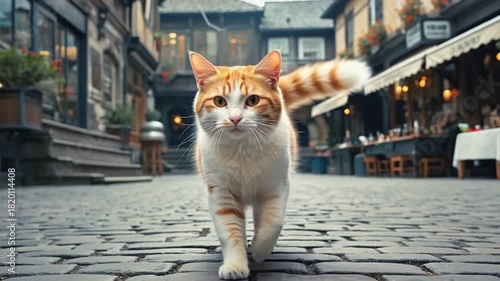 A ginger and white cat walking towards the camera on a cobblestone street in a european town cat video