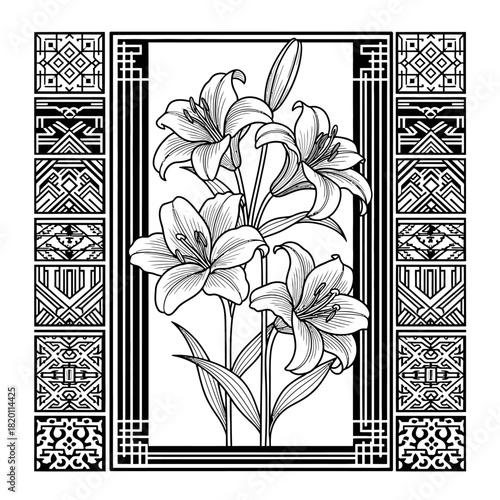Elegant lily flower arrangement with detailed petals and stems in monochrome style.