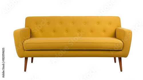 Mid-century modern sofa with mustard yellow upholstery and wooden legs on transparent background