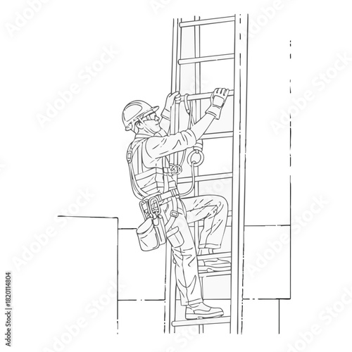 A construction worker wearing safety gear ascends a ladder, illustrating safety protocols and workplace procedures in a detailed line drawing.