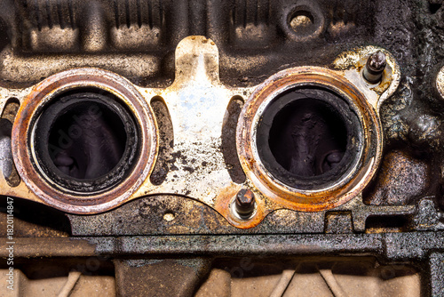 Canvastavla Internal view of cylinder head intake port showing carbon deposits and surface c