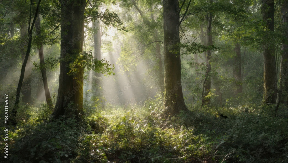 Fototapeta premium Sunlight Beams Through Forest Canopy Illuminating Lush Green Undergrowth.