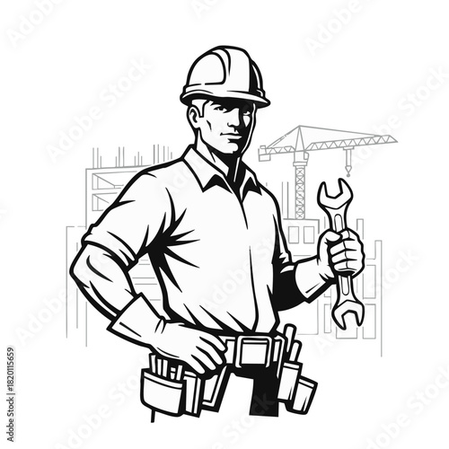 A construction worker, equipped with a hard hat and tools, stands confidently, holding a wrench against a building site backdrop.