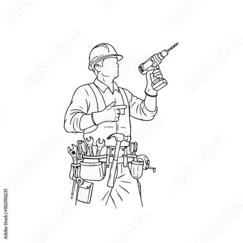 An outline illustration of a construction worker in a hard hat, examining a cordless drill while pointing, ready to work on the project.