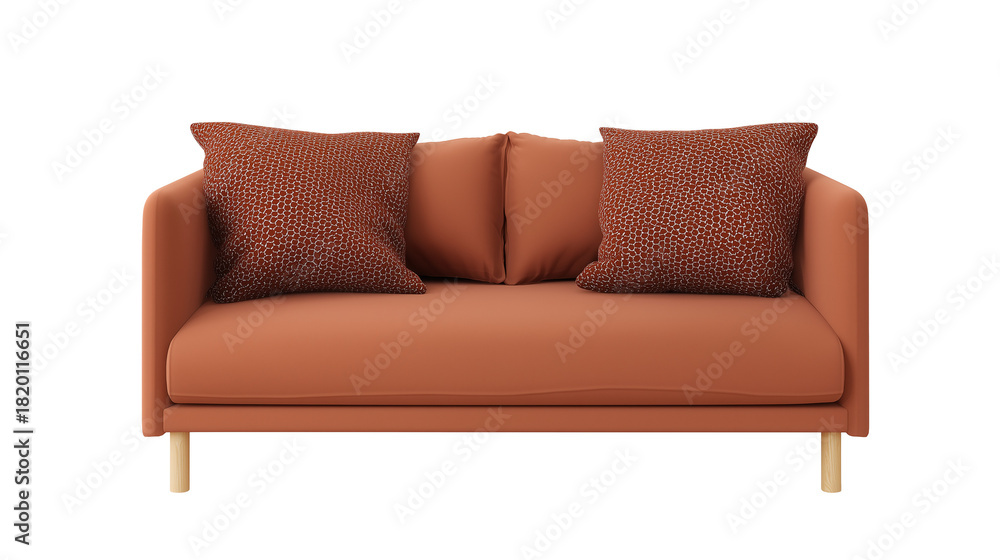 Fototapeta premium Modern minimalist sofa with brown fabric and geometric patterned pillows on transparent background