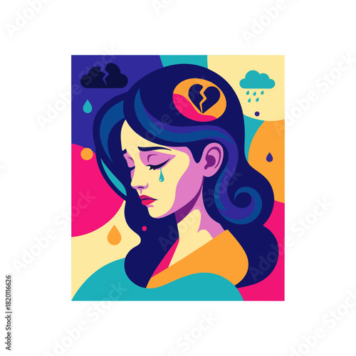 Sad Girl Vibrant Mental Health Illustration
