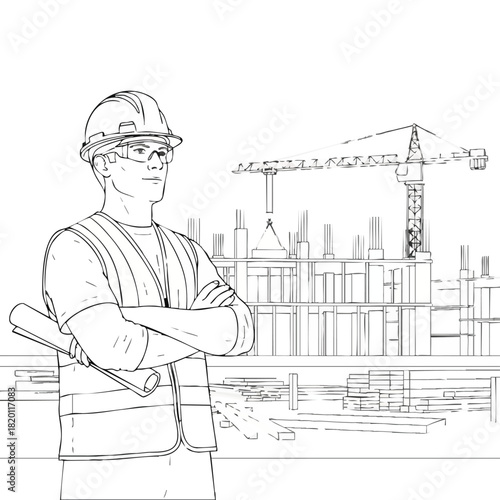 An illustration of a construction worker with a blueprint, standing confidently in front of a building under construction, with a crane in the background.