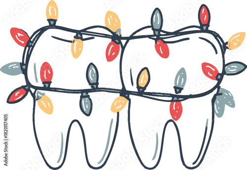 Teeth sketch hand drawn with Christmas lights festive decoration. Vector illustration