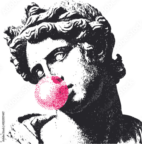Classical sculpture head sketch with bubble gum pop art accent. Vector illustration