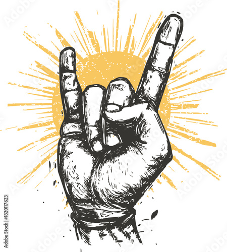 Rock hand sign sketch, hand drawn style with sunburst background. Vector illustration