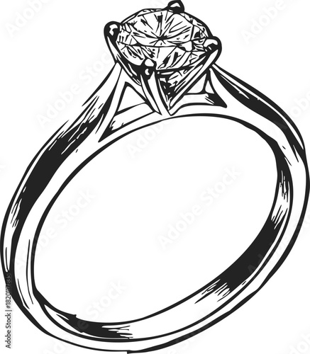Diamond engagement ring sketch, hand drawn solitaire setting with round brilliant cut stone. Vector illustration