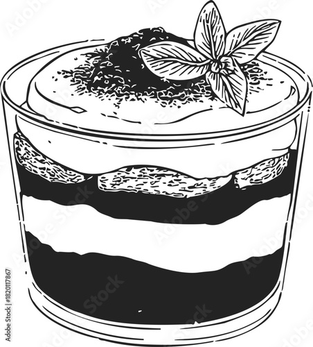 Tiramisu dessert sketch hand drawn in glass with mint leaf garnish. Vector illustration