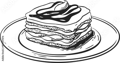 Lasagna sketch hand drawn on plate with sauce and layered pasta. Vector illustration