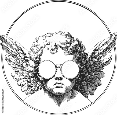 Angel with curly hair and wings wearing round sunglasses, sketch hand drawn style. Vector illustration