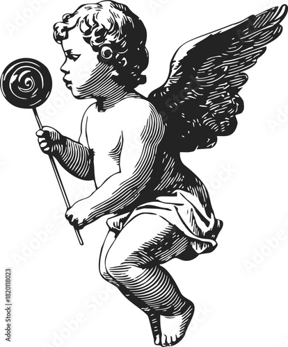 Cherub sketch hand drawn holding lollipop, vintage style flying angel. Vector illustration
