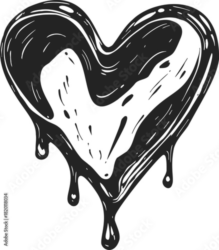 Melting heart sketch, hand drawn dripping black and white stylized illustration. Vector illustration