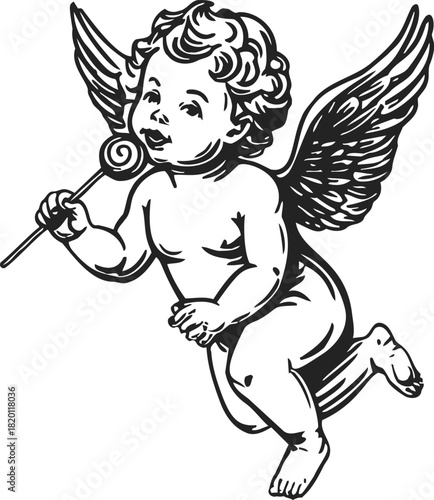 Wallpaper Mural Cherub sketch hand drawn holding lollipop flying with wings. Vector illustration Torontodigital.ca