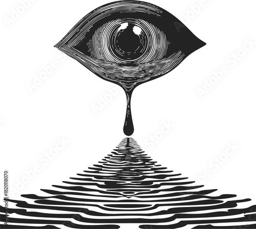 Eye sketch with teardrop falling into rippling water, surreal hand drawn style. Vector illustration