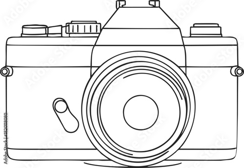 Camera sketch hand drawn style with detailed lens and body outline. Vector illustration