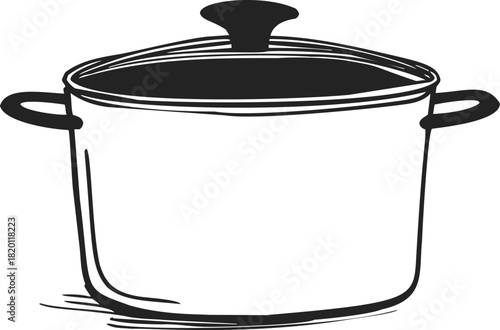 Stockpot sketch hand drawn with lid and handles, black and white outline. Vector illustration