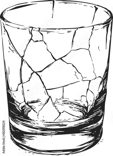 Broken glass cup sketch, hand drawn style with detailed cracks and shattered texture. Vector illustration