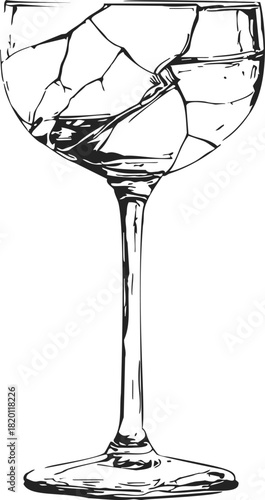 Broken wine glass sketch, hand drawn style with detailed cracks and shattered surface. Vector illustration