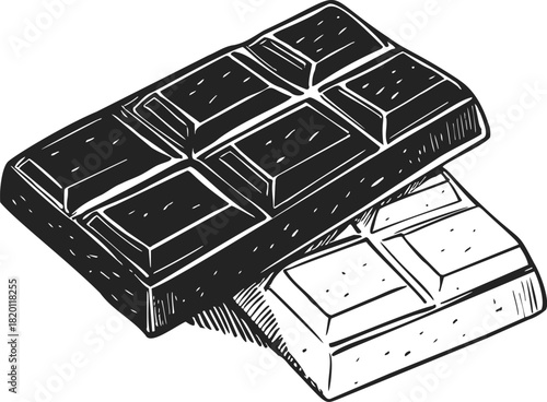 Chocolate bar sketch, hand drawn style, two overlapping chocolate bars with detailed segments. Vector illustration