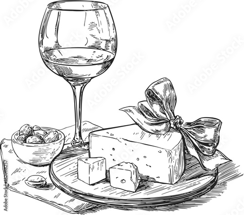 Wine glass with cheese and nuts hand drawn sketch on serving board. Vector illustration