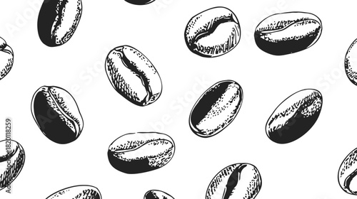Coffee beans seamless pattern, sketch hand drawn style, black and white repeat background. Vector illustration