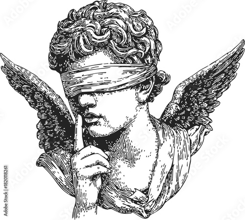 Blindfolded angel sketch hand drawn with wings and finger on lips. Vector illustration