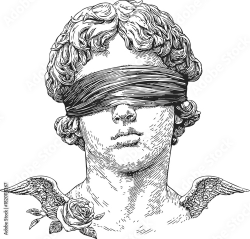 Blindfolded classical statue head sketch, hand drawn with wings and rose details. Vector illustration