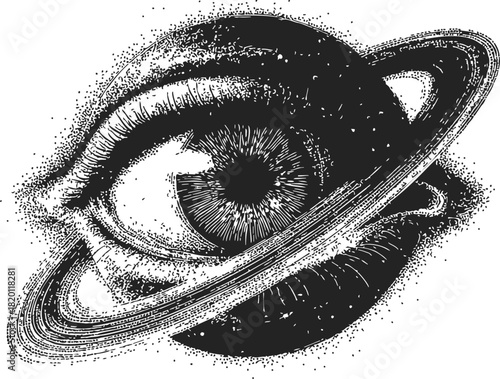 Eye planet sketch hand drawn surreal cosmic illustration with detailed rings. Vector illustration