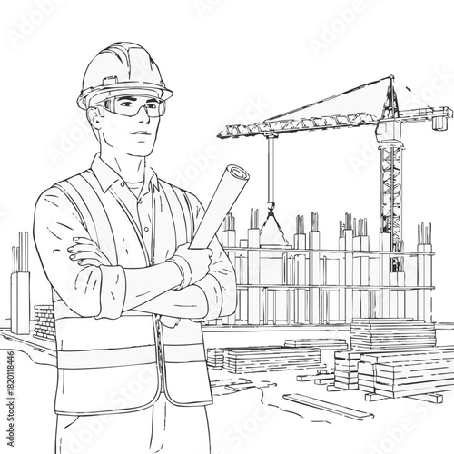 An architect stands confidently on a construction site, overseeing the building's progress, blueprint in hand, with a crane in the background.