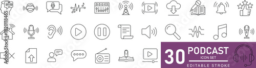 podcast line icon set with editable stroke, featuring, voice, storytelling, media, audio, live, microphone, recording, streaming, broadcasting, sound, waves, and digital media symbols