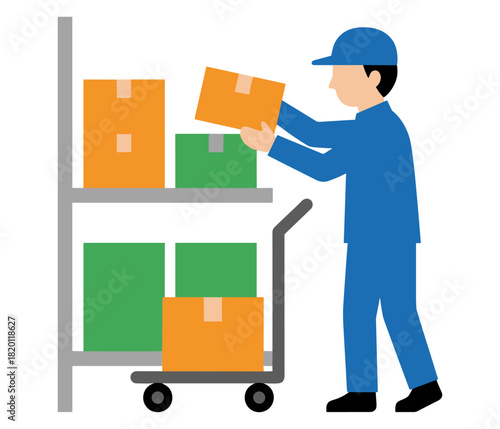 Supermarket Stocker Organizing Boxes in Warehouse Illustration