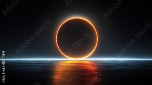 Futuristic abstract composition featuring a glowing orange neon circle standing on a dark, wet reflective ground with a horizon line