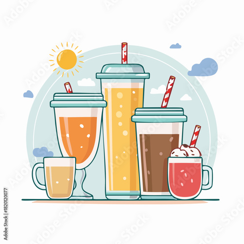 Vector Illustration of Assorted Hot and Cold Beverages Including Juices, Coffee, and a Refreshing Milkshake on a Sunny Day