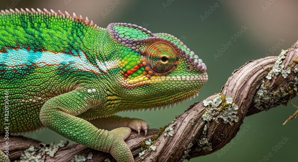 Obraz premium Vibrant chameleon portrait showcasing intricate skin patterns and watchful gaze nature photography