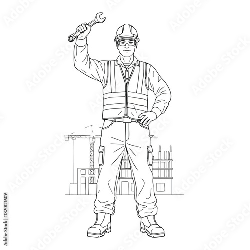 A construction worker in safety gear stands confidently, raising a wrench, symbolizing the building industry and its processes with structures in the background.