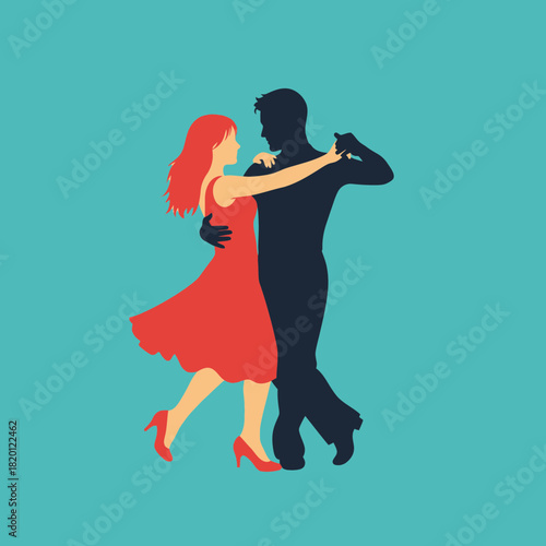 Two figures dance together a woman in red a man in silhouette.